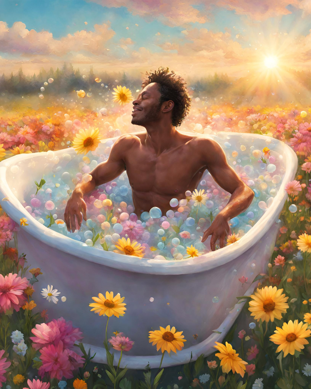 a man having a bubble bath in a field of colorful flowers